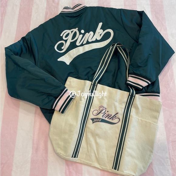 NWT VS PINK VARSITY JACKET DEEP IN FOREST LIMITED EDITION LARGE PLUS FREE TOTE - Picture 2 of 16